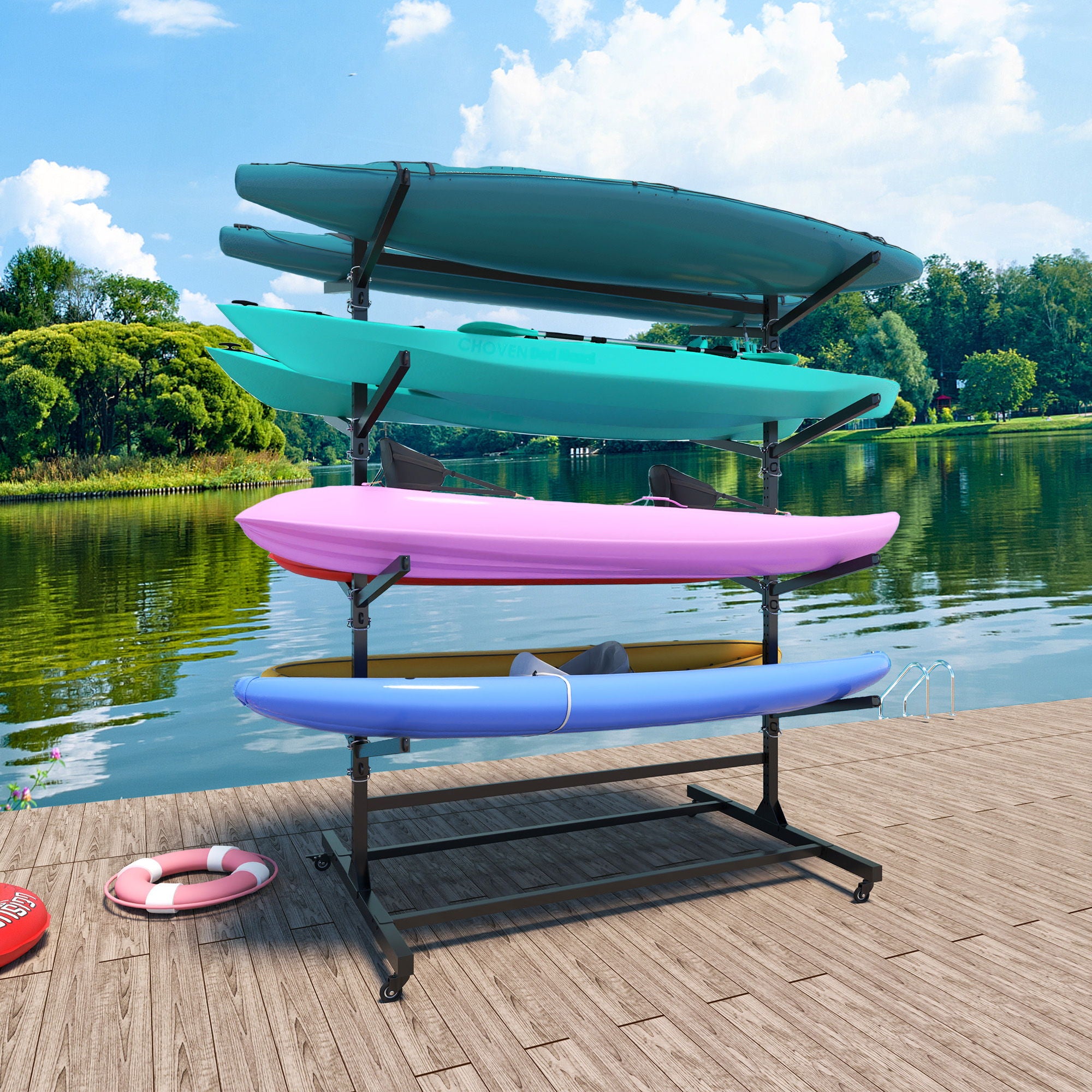 Freestanding Kayak Storage Rack With Lockable Wheels For Kayak, Canoe, Sup &amp; Surfboard