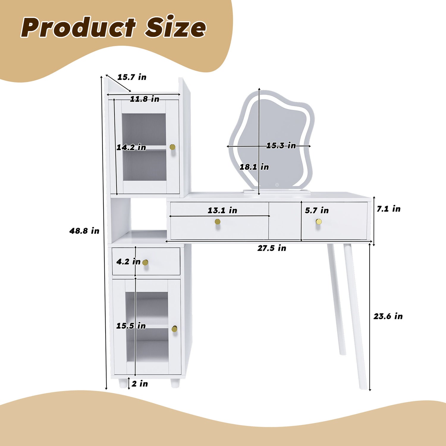 Vanity Dressing Table With LED Mirror &amp; Storage Makeup Desk With 3 Drawers, 2 Open Shelves &amp; 4 Hidden Cabinets - White