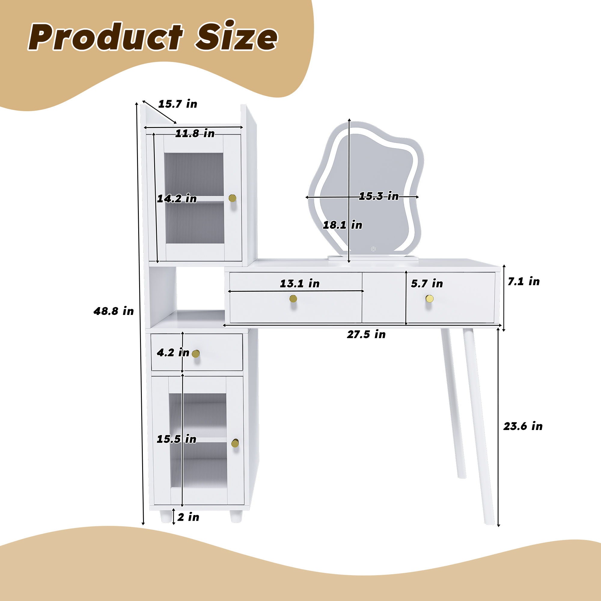 Vanity Dressing Table With LED Mirror &amp; Storage Makeup Desk With 3 Drawers, 2 Open Shelves &amp; 4 Hidden Cabinets - White