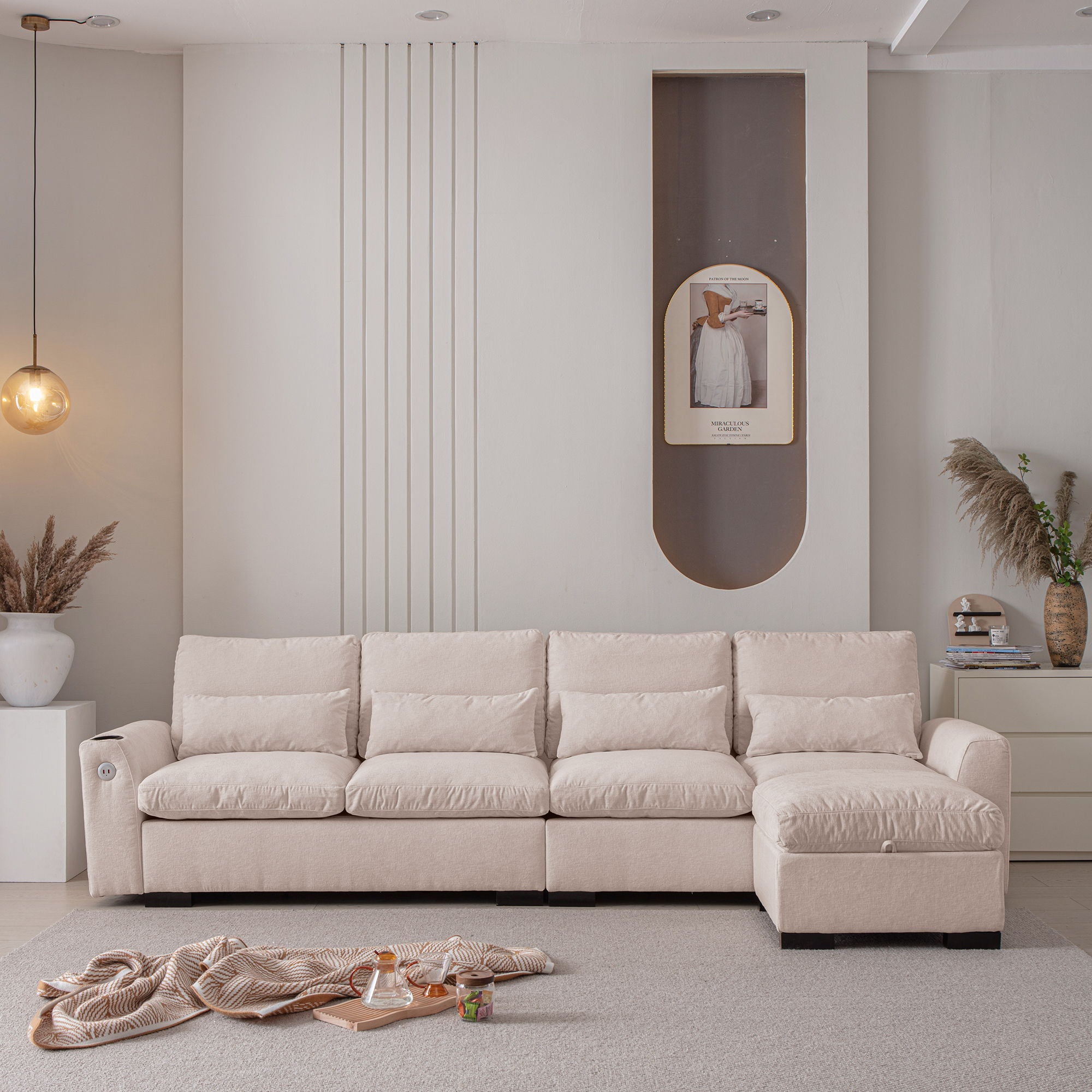 Modern Modular L Shaped Chenille Sofa Couch Reversible Ottoman With Storage Removable And Washable Cushions Sofa With USB Ports &amp; Cup Holder For Living Room