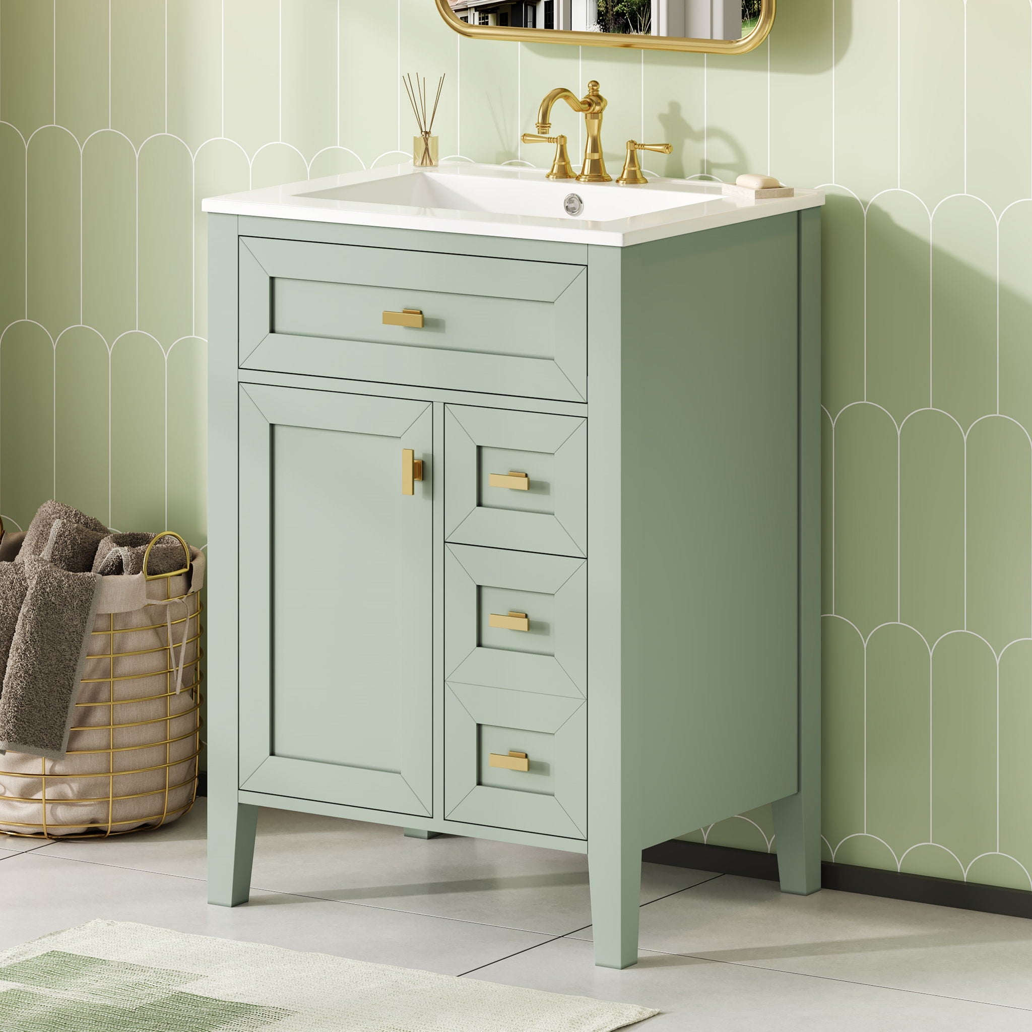 Bathroom Vanity With Sink, 3 Drawers &amp; Cabinet With 2 Tier Door Storage Rack, Soft Close Doors &amp; Drawers