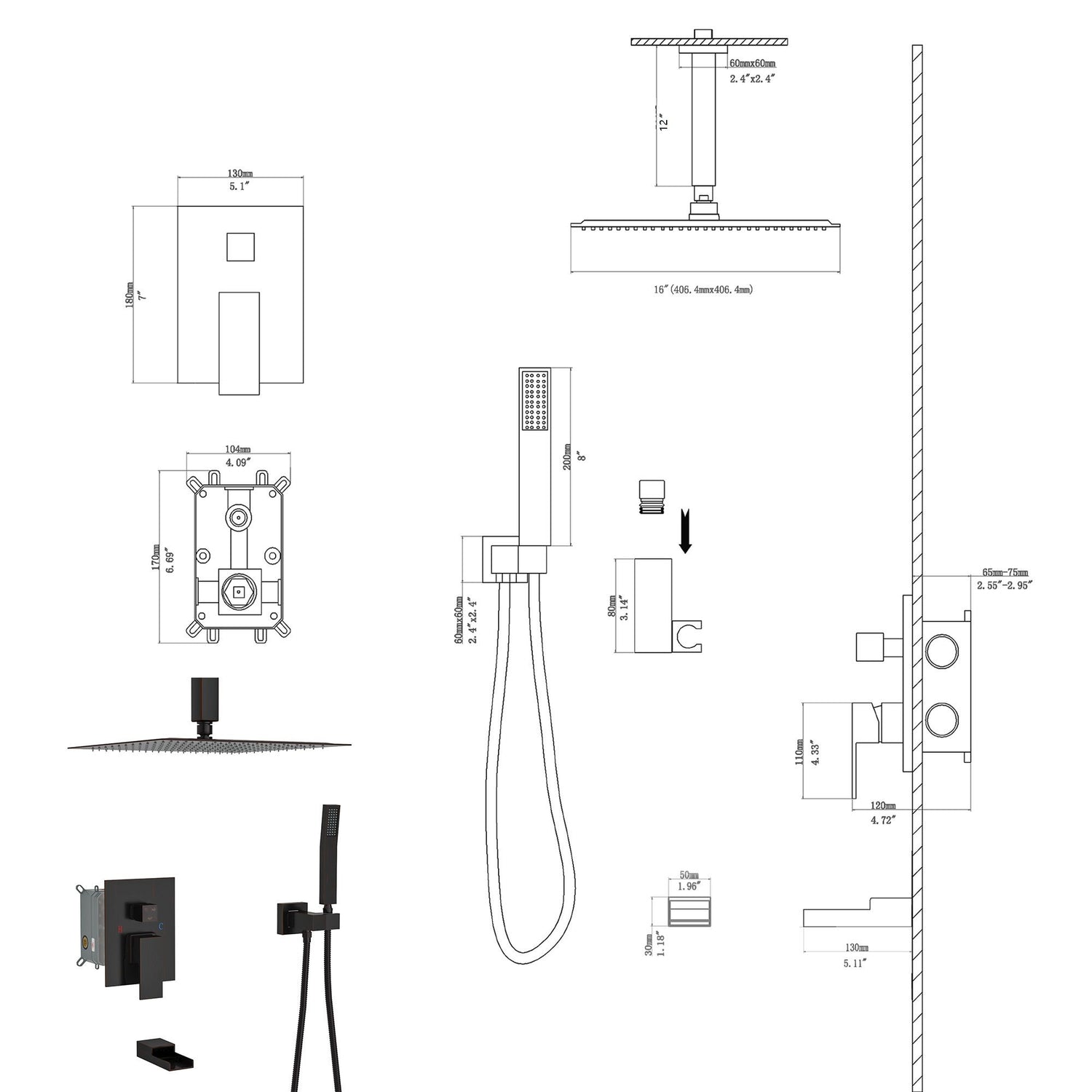 Shower System With Waterfall Tub Spout And 16&quot; Ceiling Mount Square Rain Shower - Oil-Rubbed Bronze