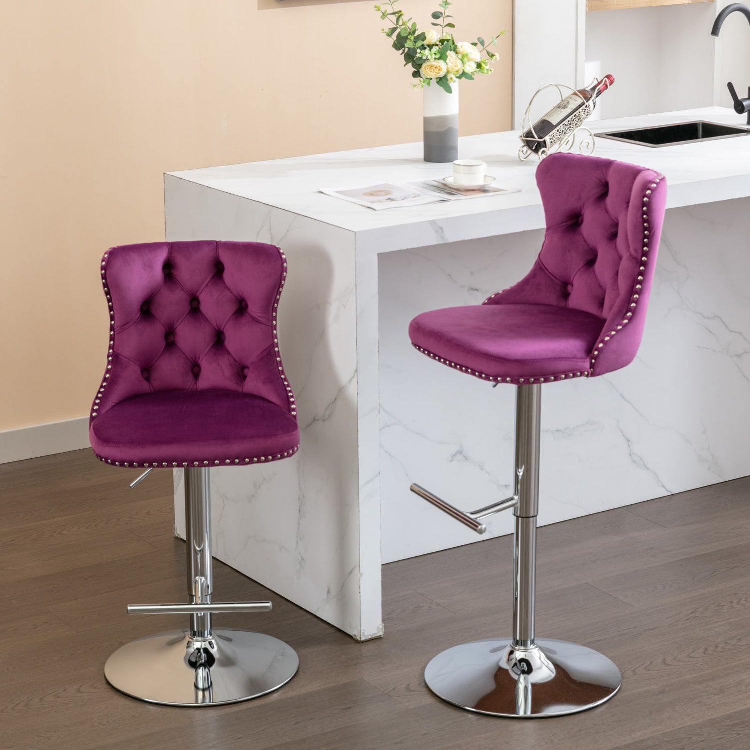 Swivel Velvet Barstools Adjusatble Seat Height From 25-33&quot;, Modern Upholstered Chrome Base Bar Stools With Backs Comfortable Tufted For Home Pub And Kitchen Island (Set of 2)