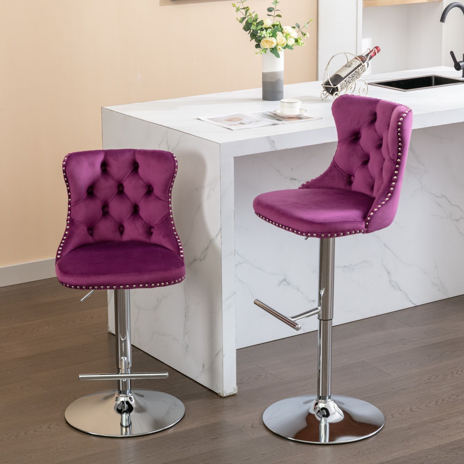 Swivel Velvet Barstools Adjusatble Seat Height From 25-33&quot;, Modern Upholstered Chrome Base Bar Stools With Backs Comfortable Tufted For Home Pub And Kitchen Island (Set of 2)