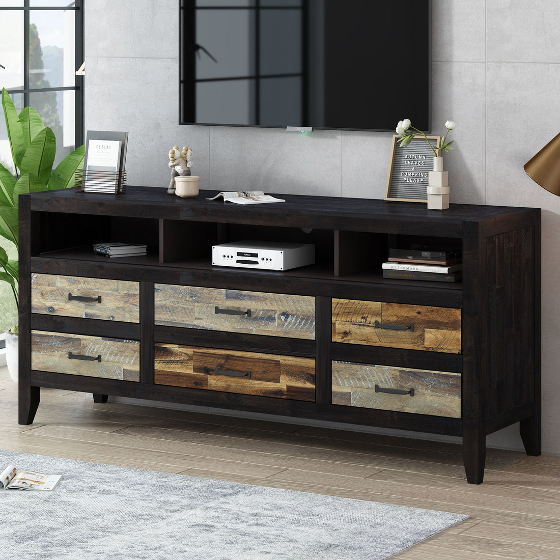 Retro Distressed Wooden TV Stand For TVs Up To 65&quot;, Entertainment Center Media Console With 6 Drawers And 3 Shelves For Living Room