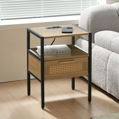 Rattan End Table With Power Outlet &amp; USB Ports, Modern Nightstand With Drawer And Metal Legs, Side Table For Living Room, Bedroom