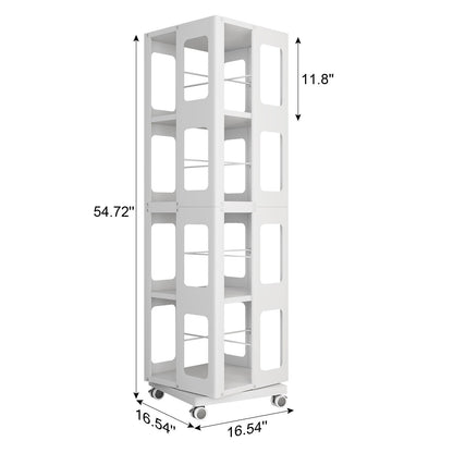 4 Tier All Steel Rotating Bookshelf With 360° Wheels, Large Size Sturdy &amp; Spacious Book Rack, New Style Bookshelf - White