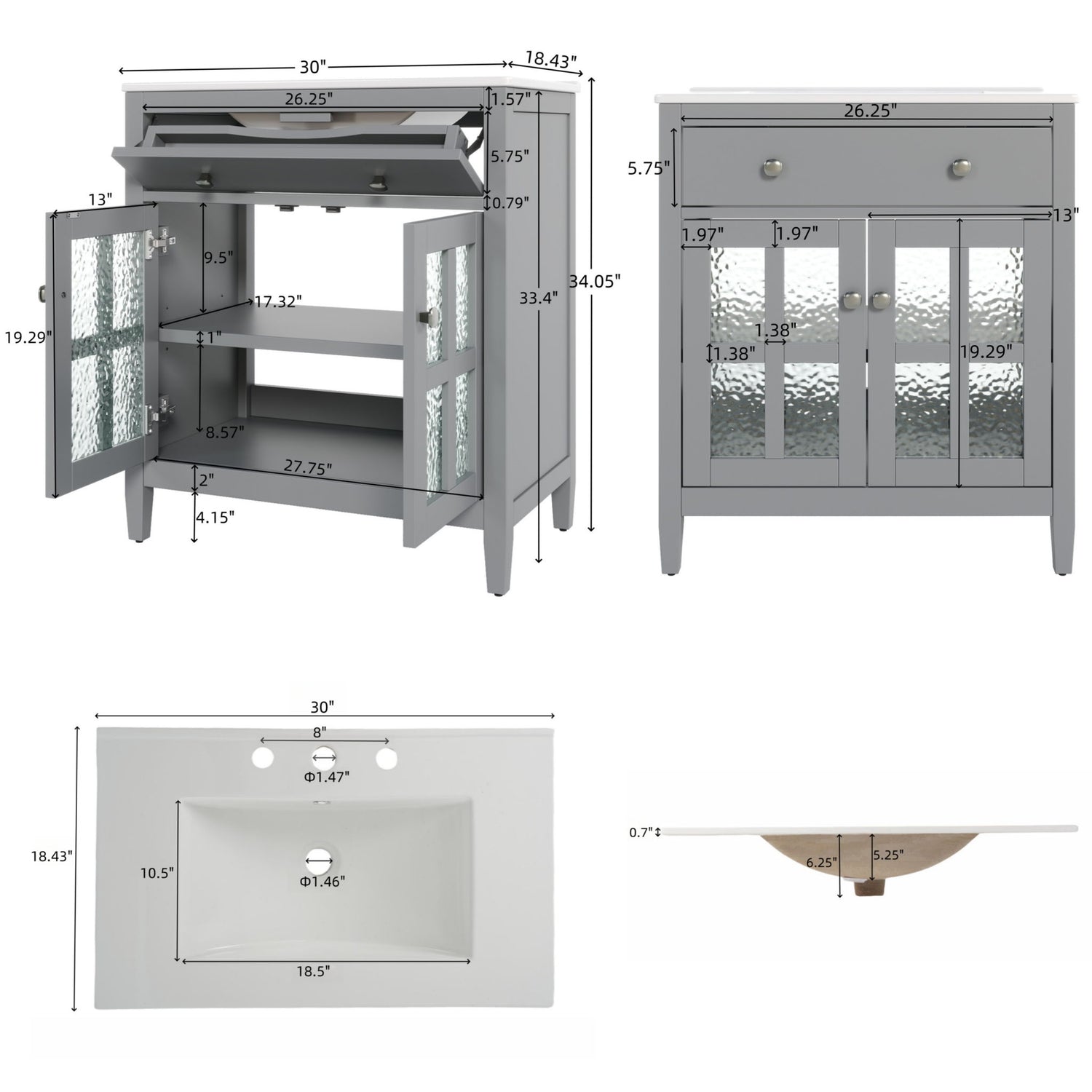 Bathroom Vanity With Ceramic Sink, Adjustable Shelf &amp; Tip Out Tray