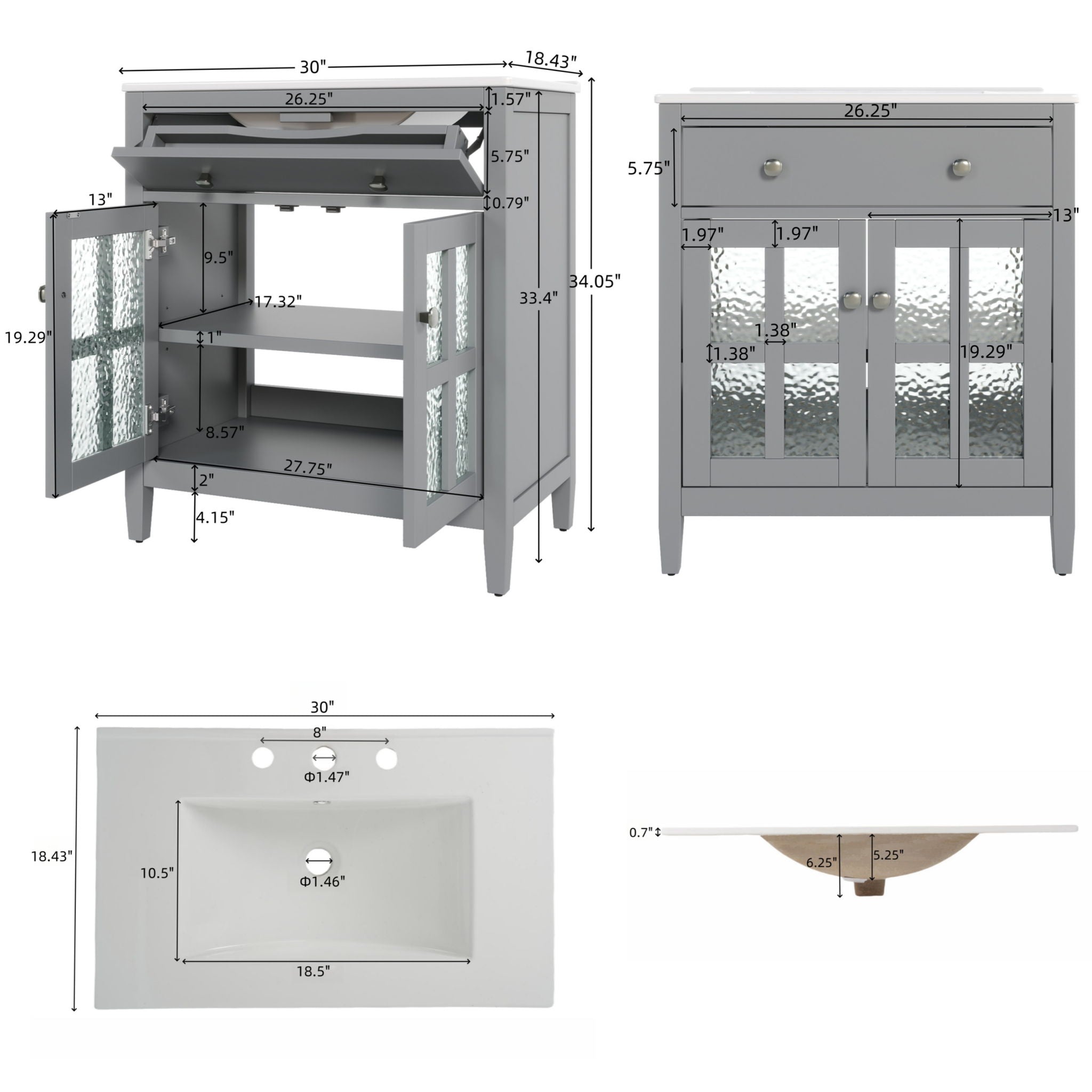 Bathroom Vanity With Ceramic Sink, Adjustable Shelf &amp; Tip Out Tray