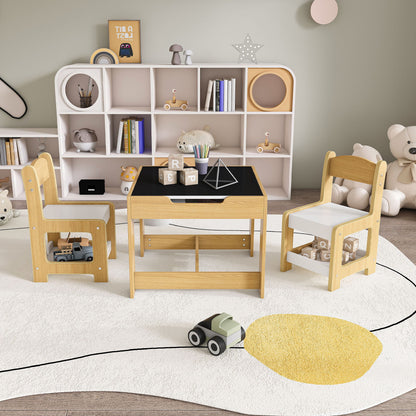 3 In 1 Kids Study Table &amp; Chairs Set Multi Functional Activity Table With Detachable Blackboard Top - Natural Wood
