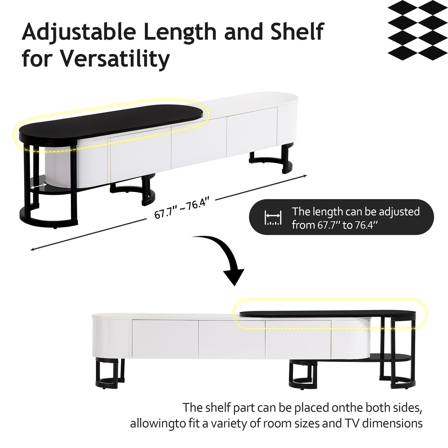 Modern Extendable TV Stand For TVs Up To 75&quot;, Entertainment Center Media Console With 3 Drawers, Metal Adjustable Legs For Living Room