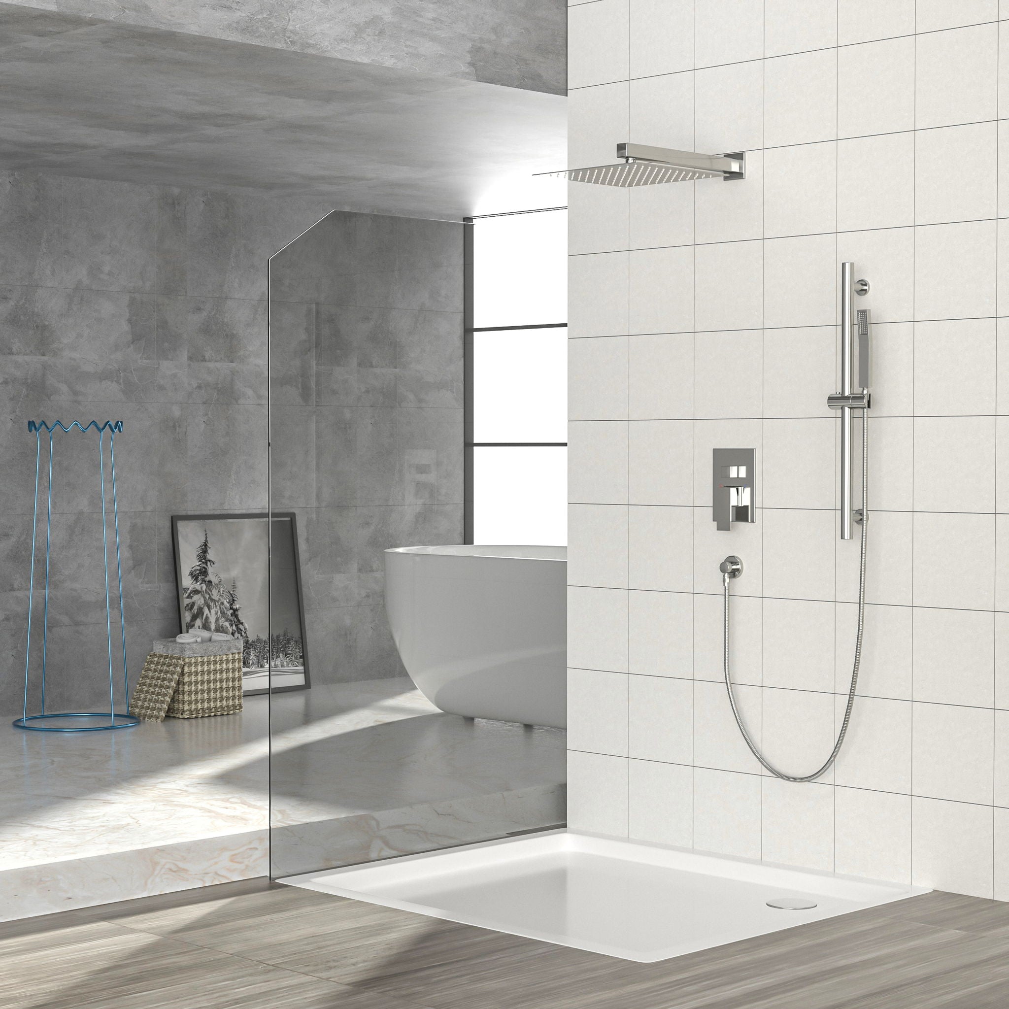 Wall Mounted Shower System With Adjustable Slide Bar And Rough In Valve, 12&quot; Square Design - Brushed Nickel