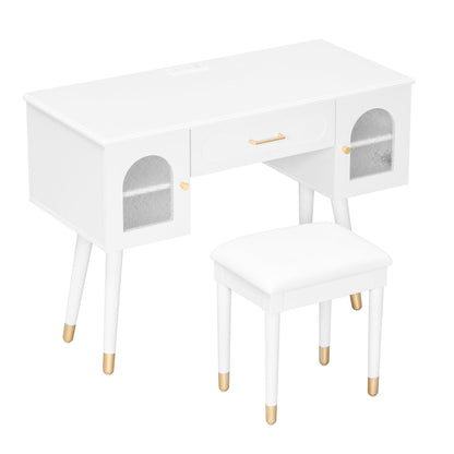 Elegant Vanity Makeup Table &amp; Chair Set Modern Dressing Table With Organizer Writing Desk Charging Port Engineered Wood - White
