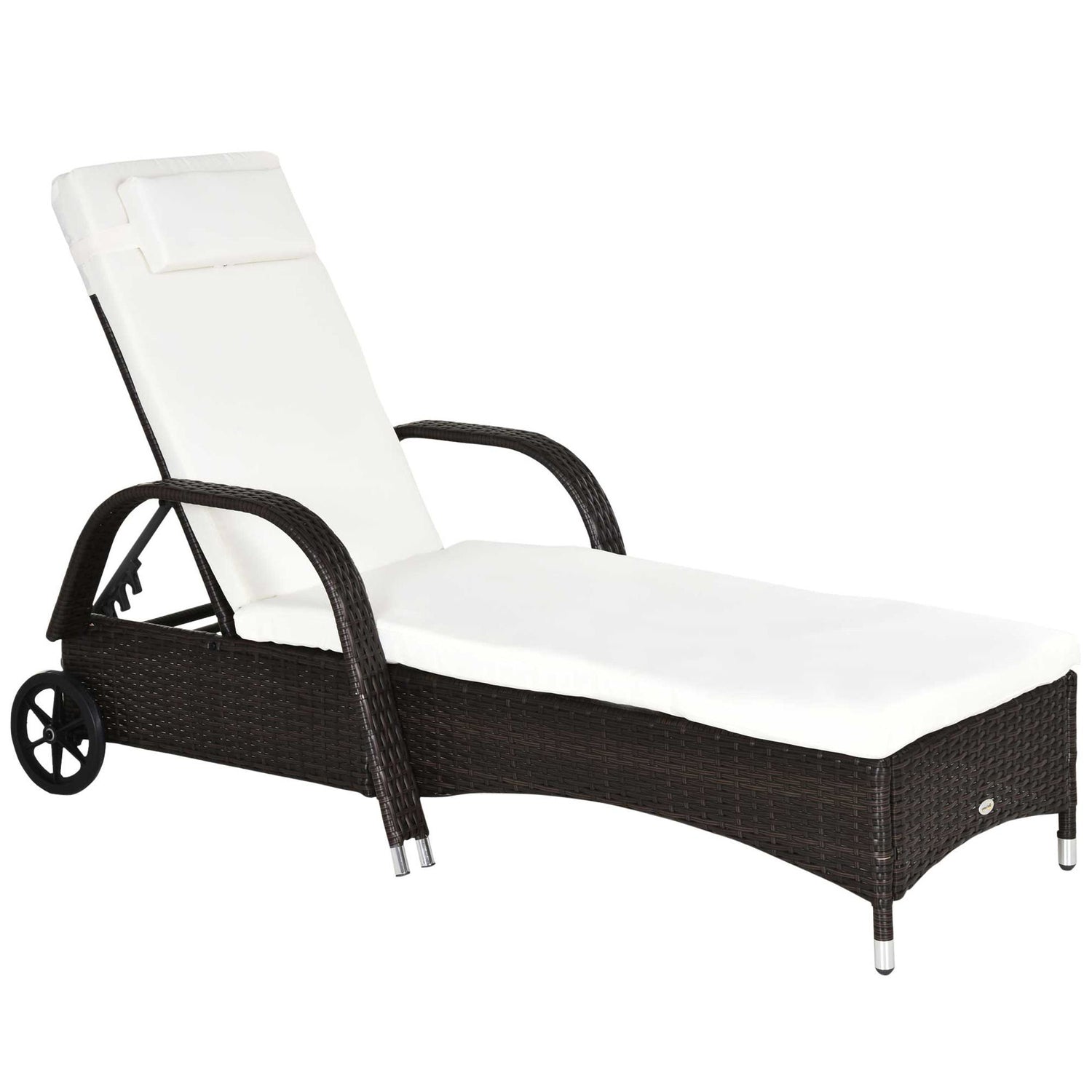 Outsunny - Wicker Outdoor Chaise Lounge, 5-Level Adjustable Backrest Pe Rattan Pool Lounge Chair With Wheels, Cushion &amp; Headrest - Brown / Cream White