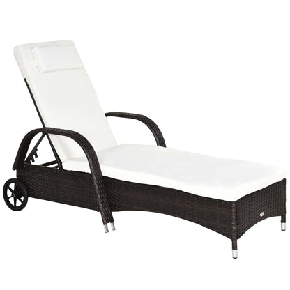 Outsunny - Wicker Outdoor Chaise Lounge, 5-Level Adjustable Backrest Pe Rattan Pool Lounge Chair With Wheels, Cushion &amp; Headrest - Brown / Cream White