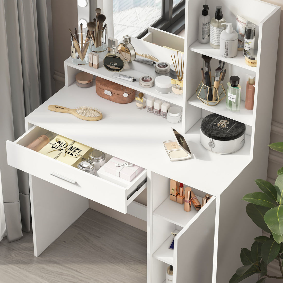 Vanity Desk With Mirror &amp; Light, Large Drawer Three Level Storage Dresser, 3 Lighting Modes Adjustable Brightness, Bedroom Dressing Table