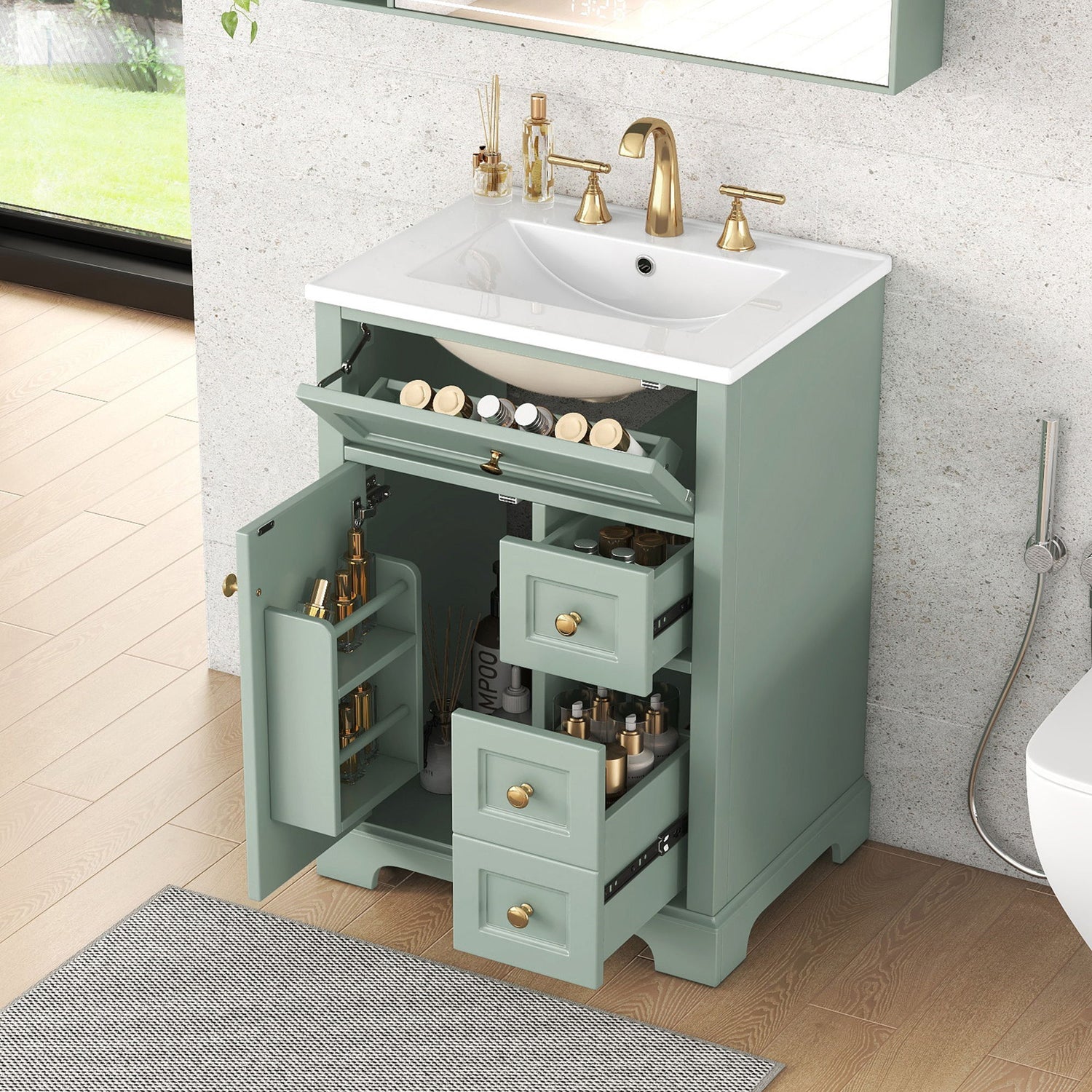 Modern Bathroom Vanity With Sink, 3 Drawers &amp; Cabinet With 2 Tier Door Storage
