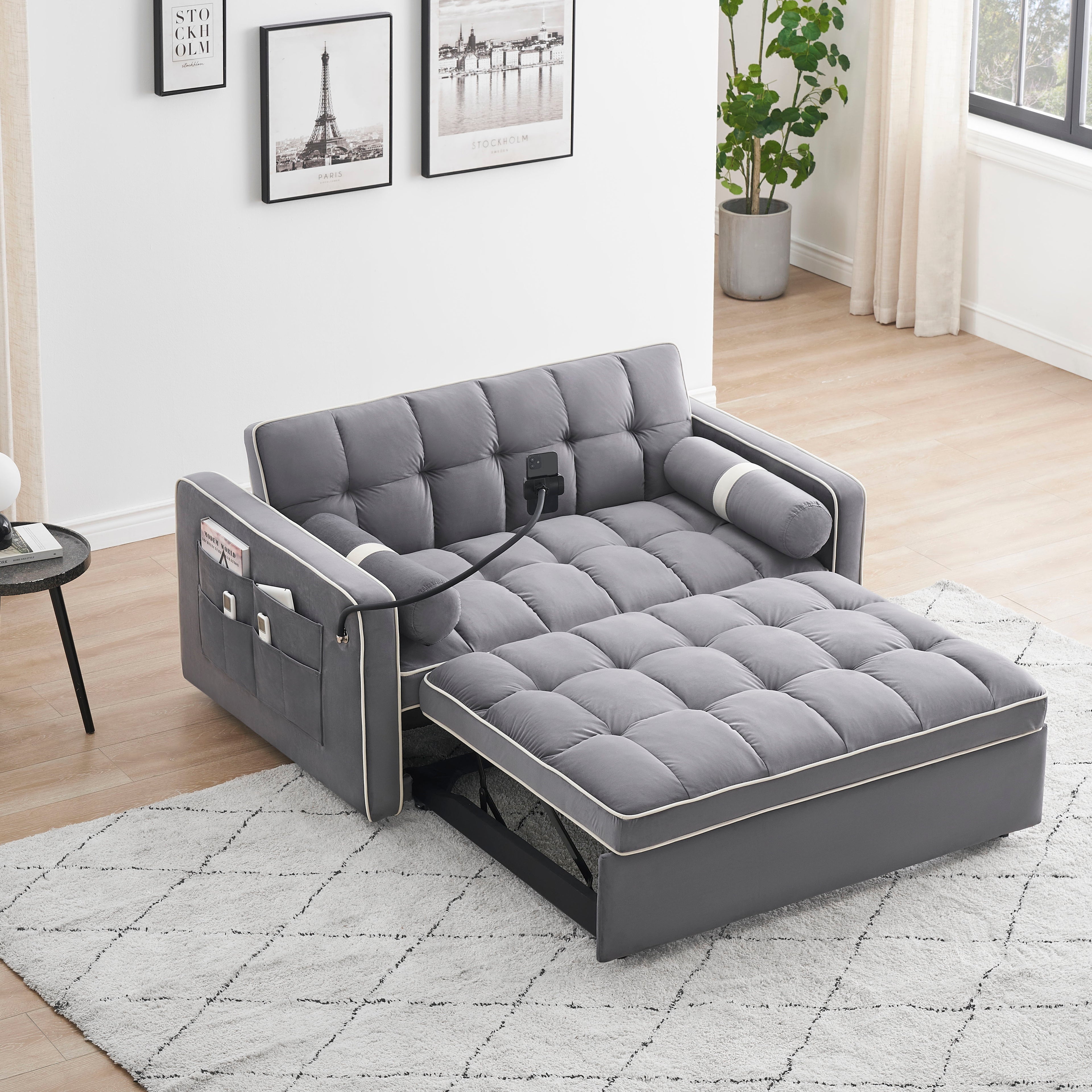 Modern Convertible Sleeper Sofa Couch With Pull Out Bed With Pillows &amp; Side Pockets For Small Space, Living Room