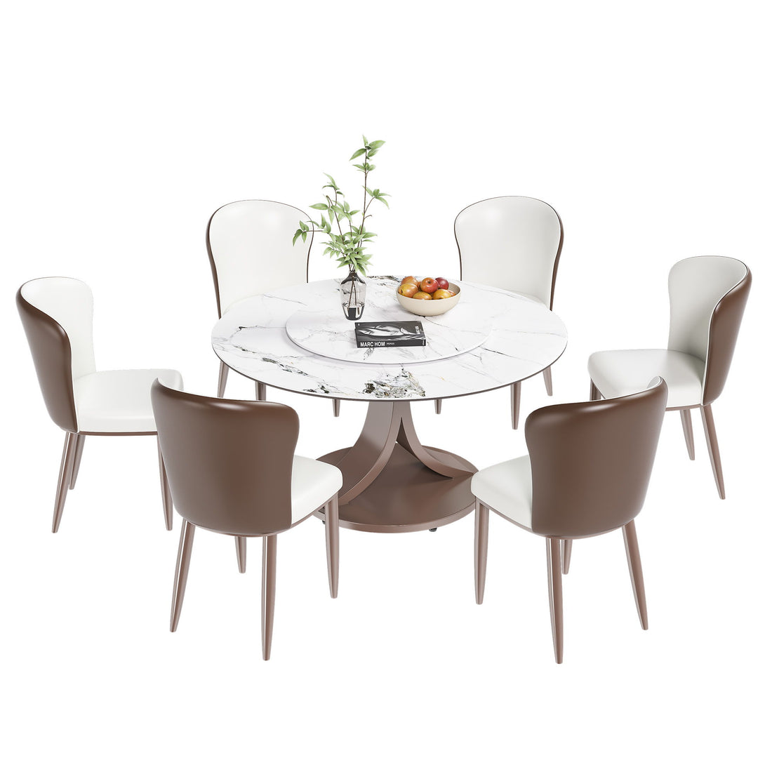 Round Dining Table With 360° Rotating Lazy Susan For Dining Room &amp; Kitchen, 6 Chairs - White