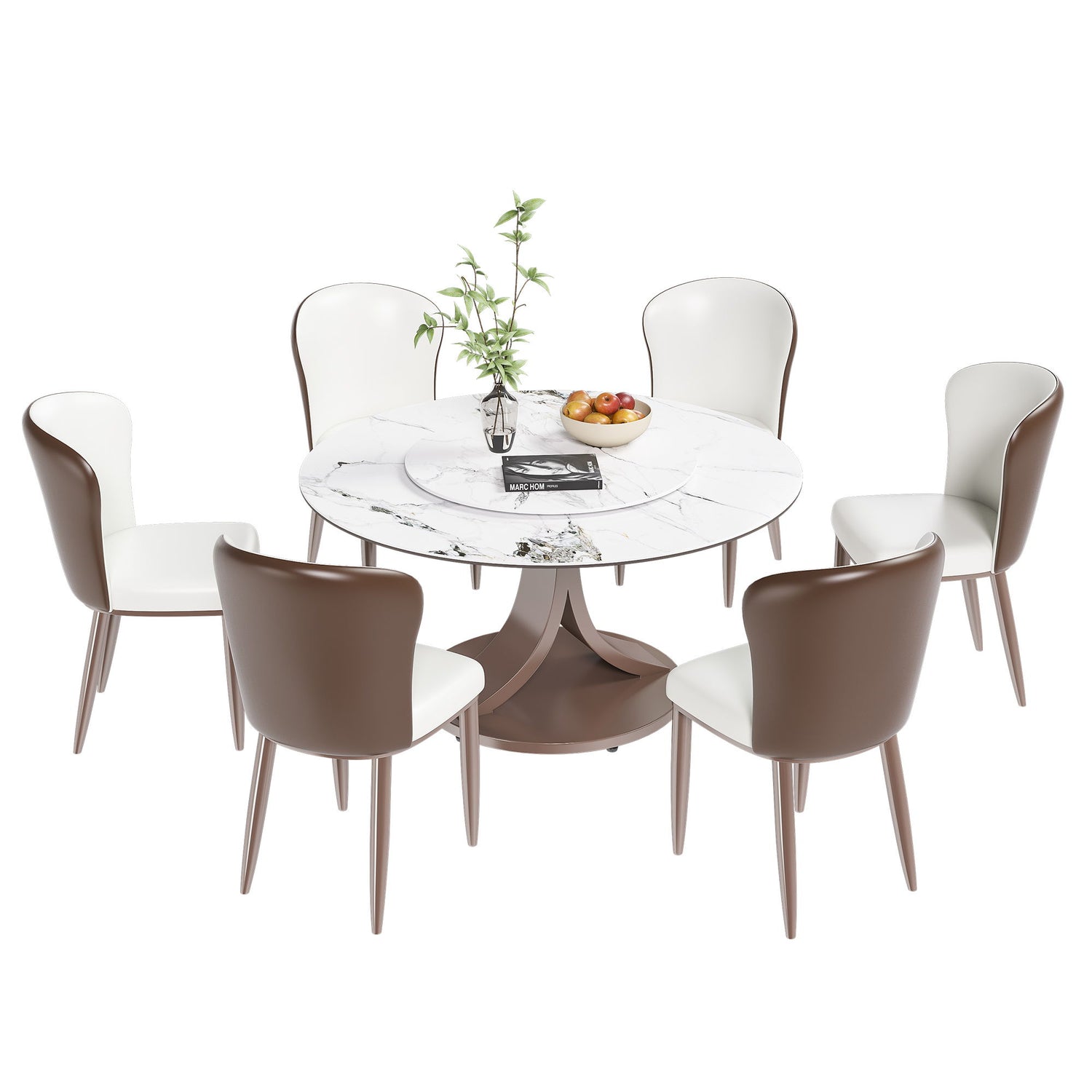 Round Dining Table With 360° Rotating Lazy Susan For Dining Room &amp; Kitchen, 6 Chairs - White
