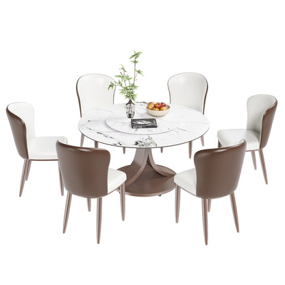 Round Dining Table With 360° Rotating Lazy Susan For Dining Room &amp; Kitchen, 6 Chairs - White