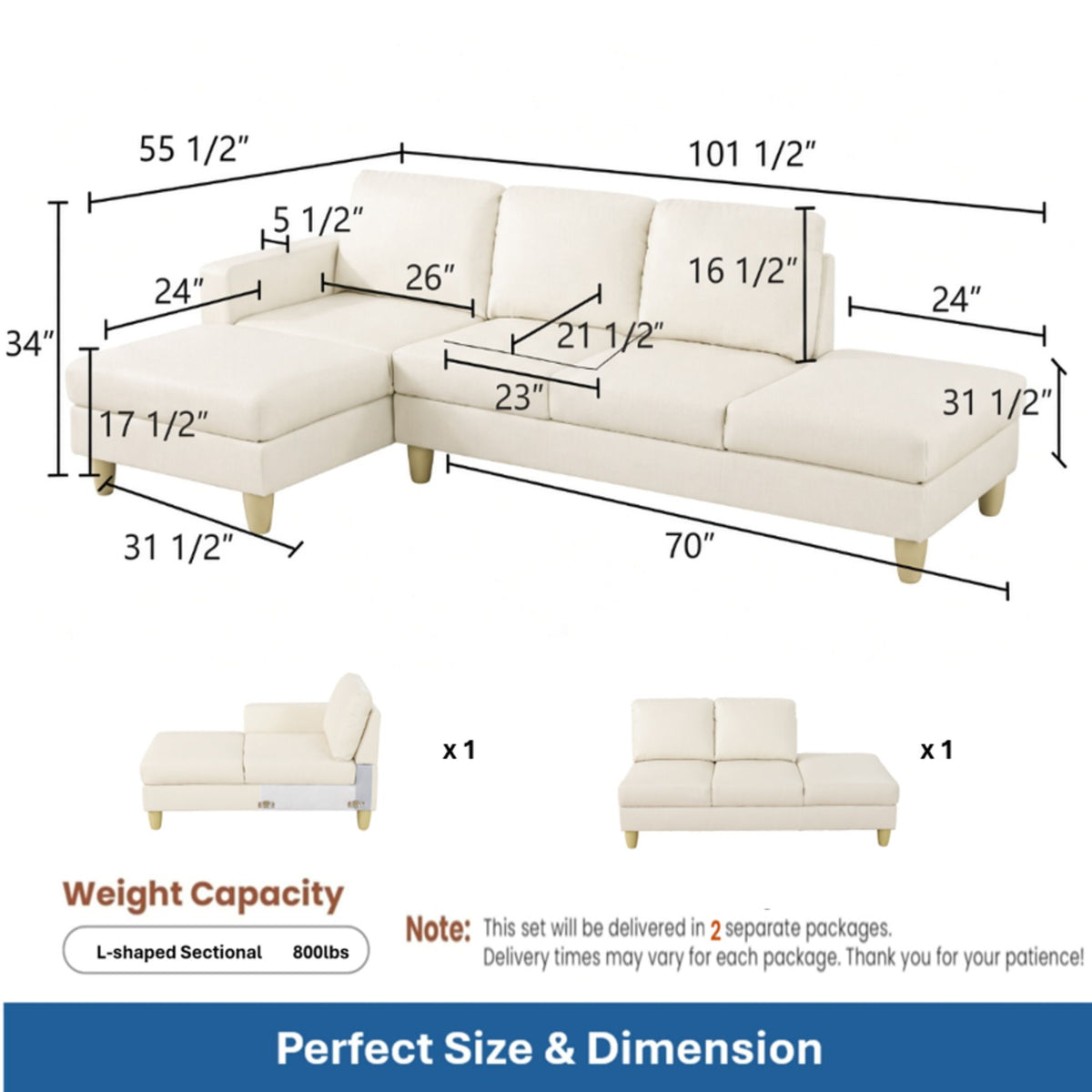 L - Shaped Sectional Sofa With Chaise &amp; Ottoman