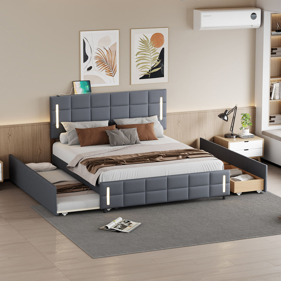 Upholstered Platform Bed With Trundle &amp; Drawers