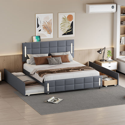 Upholstered Platform Bed With Trundle &amp; Drawers