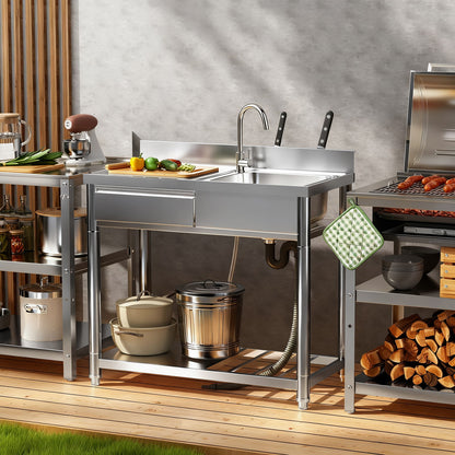 Outdoor Utility Sink With Workbench &amp; Storage Shelf, Freestanding Prep Table With Left Drawer, Garden Patio Sink Station With 360° Hot &amp; Cold Water Faucet - Silver