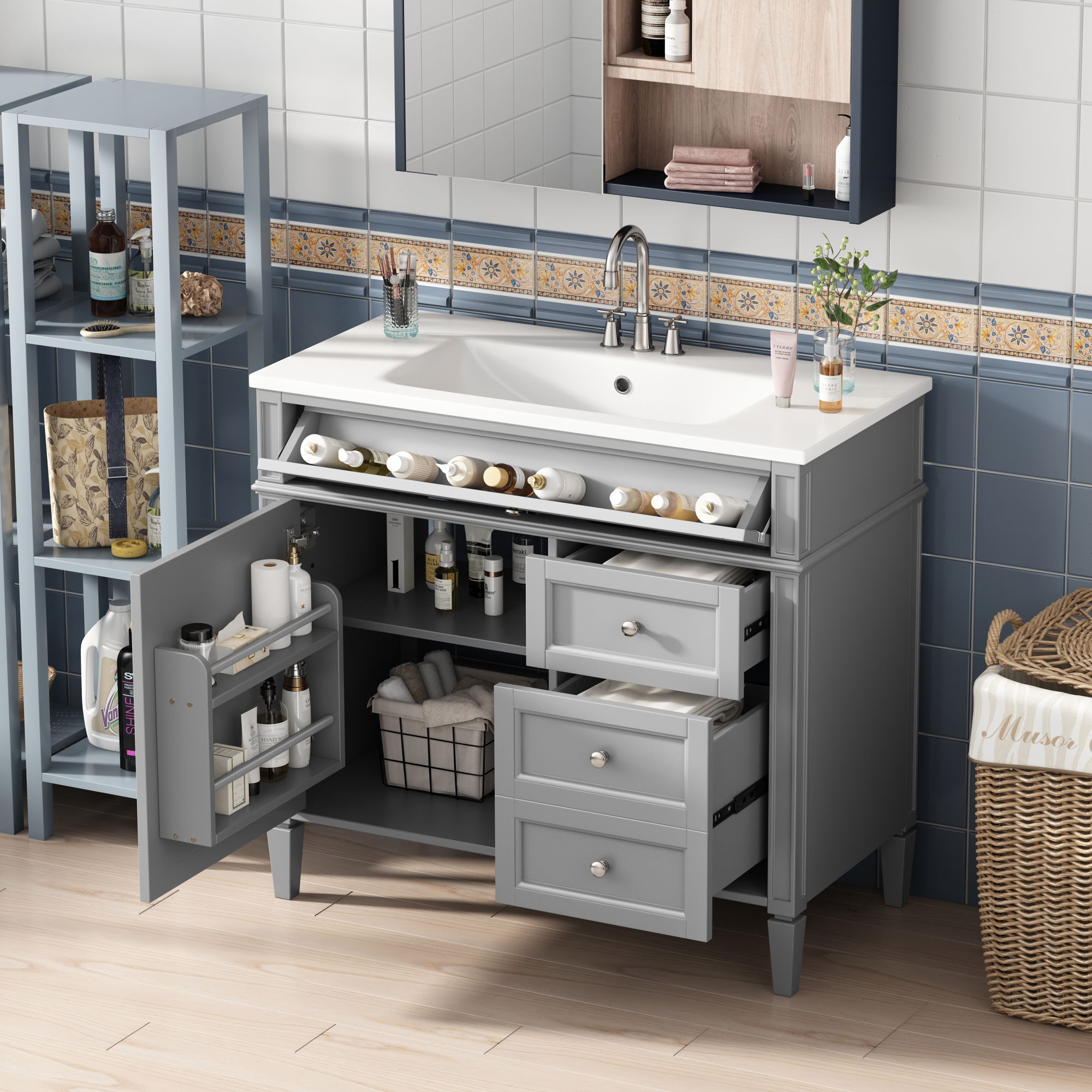 Bathroom Vanity &amp; Top Sink, Modern Bathroom Storage Cabinet With 2 Drawers And A Tip-Out Drawer