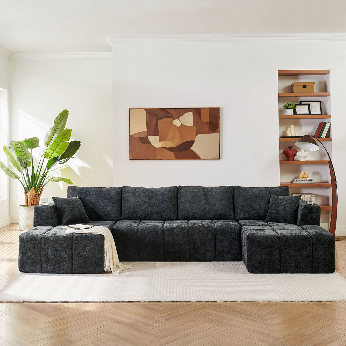U - Shaped Sectional Sofa, Cup Holders &amp; Side Pockets For Living Room