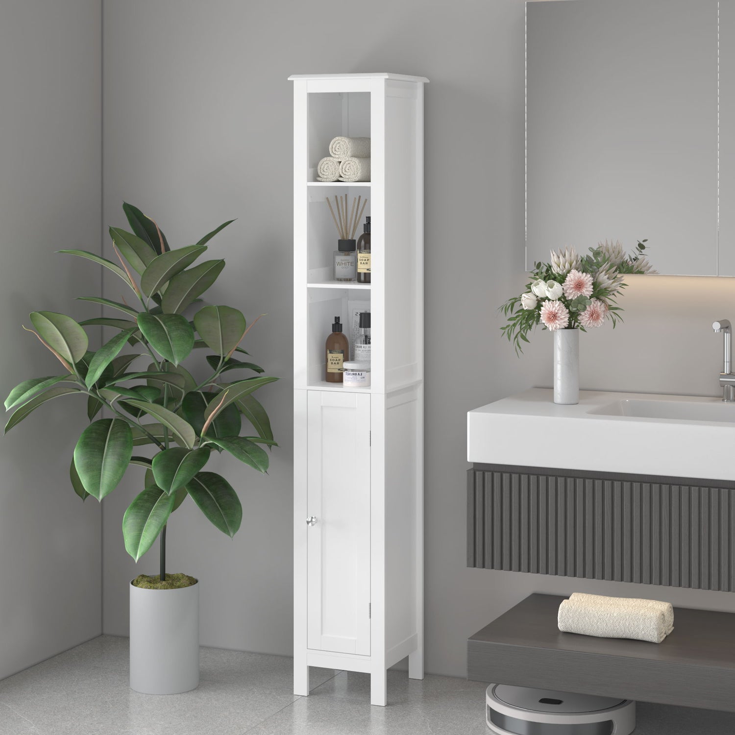 Slim Tall Bathroom Storage Cabinet With Adjustable Shelves, Anti Tip Freestanding Cabinet - White