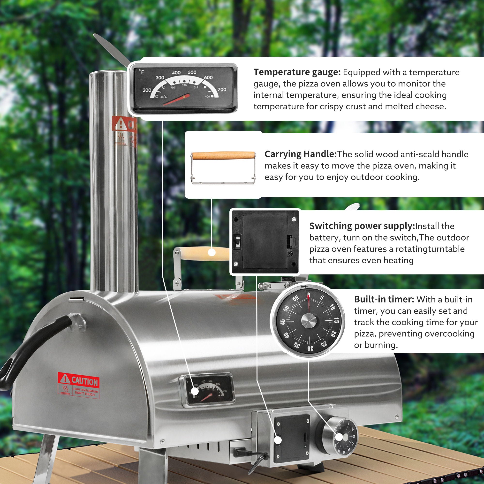 Pizza Oven Outdoor 12&quot; Automatic Rotatable Pizza Ovens Portable Stainless Steel Wood Fired Pizza Oven Pizza Maker With Built-In Thermometer Pizza Cutter Carry Bag