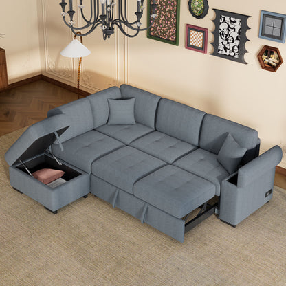 Sleeper Sectional Sofa, L-Shape Corner Couch Sofa Bed With Storage Ottoman &amp; Hidden Arm Storage &amp; USB Charge For Living Room Apartment