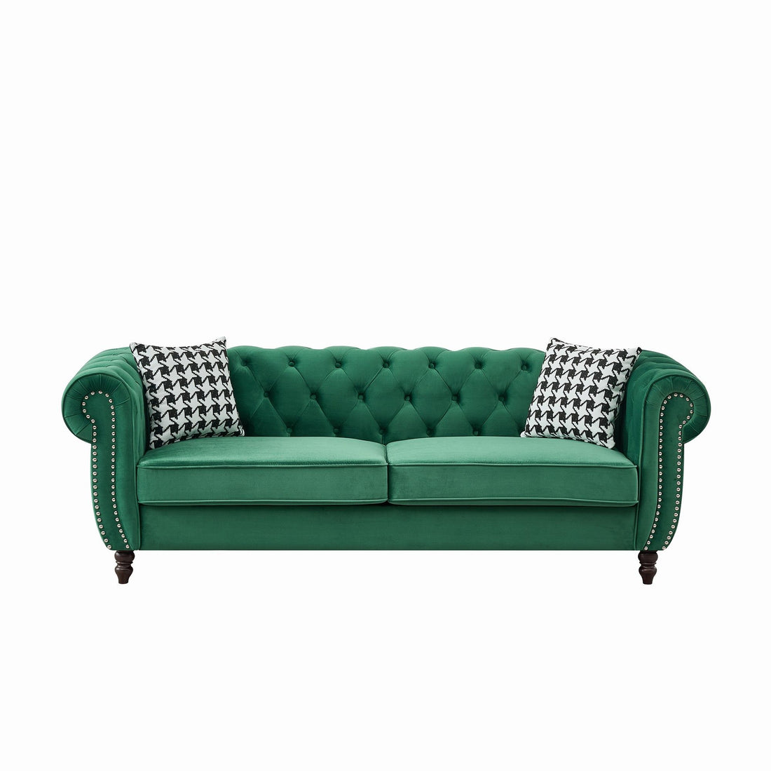 Mid Century Chesterfield Velvet Fabric Sofa With Roll Armrest &amp; Nailhead, Green, 87 Inches