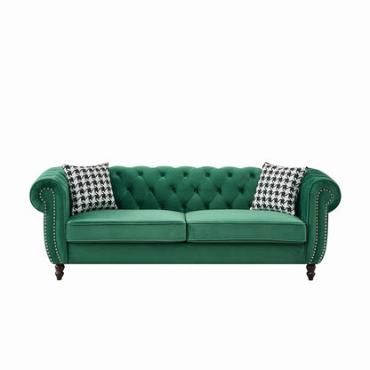 Mid Century Chesterfield Velvet Fabric Sofa With Roll Armrest &amp; Nailhead, Green, 87 Inches
