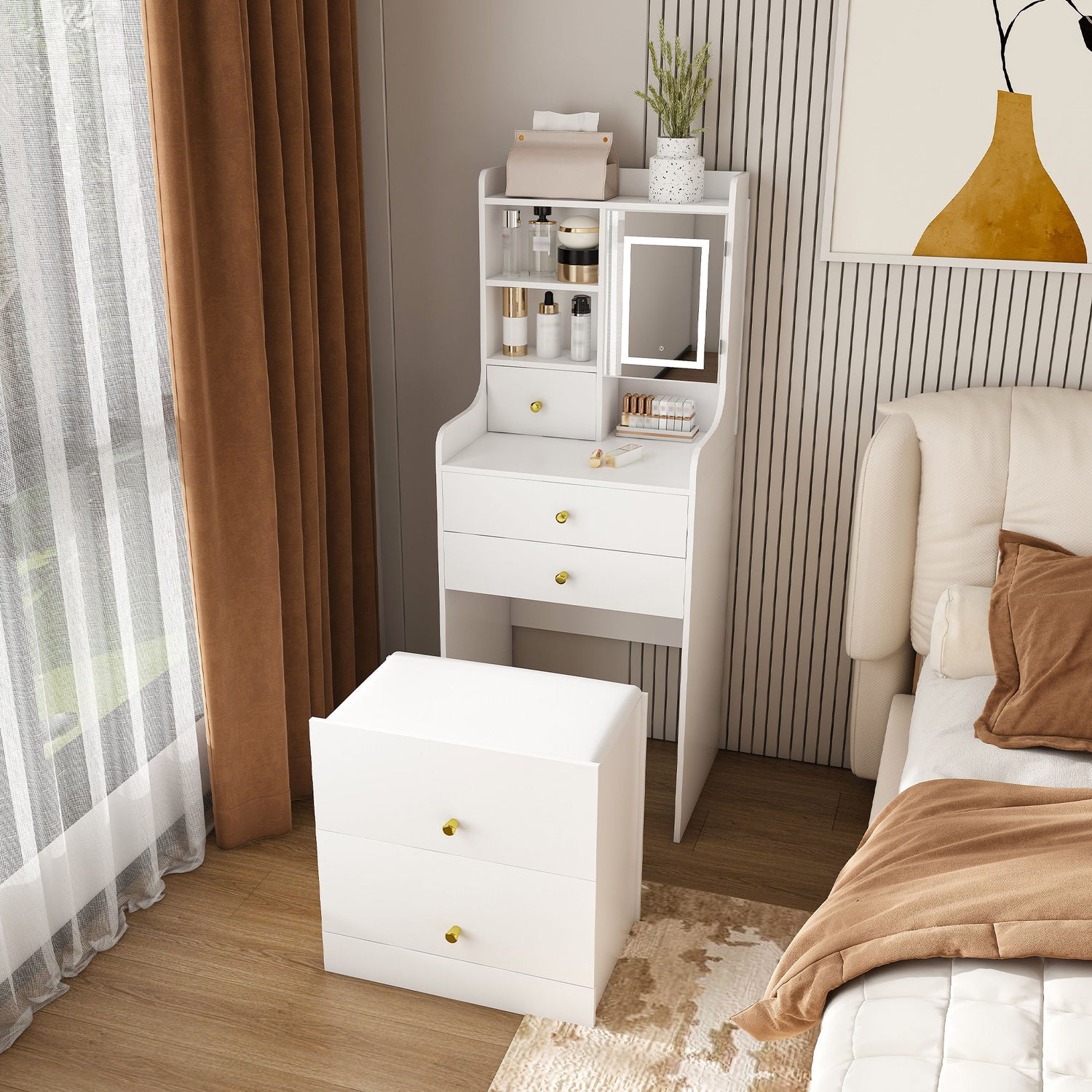 3 In 1 Dressing Table With LED Mirror &amp; Storage Stool, Compact Makeup Vanity - White