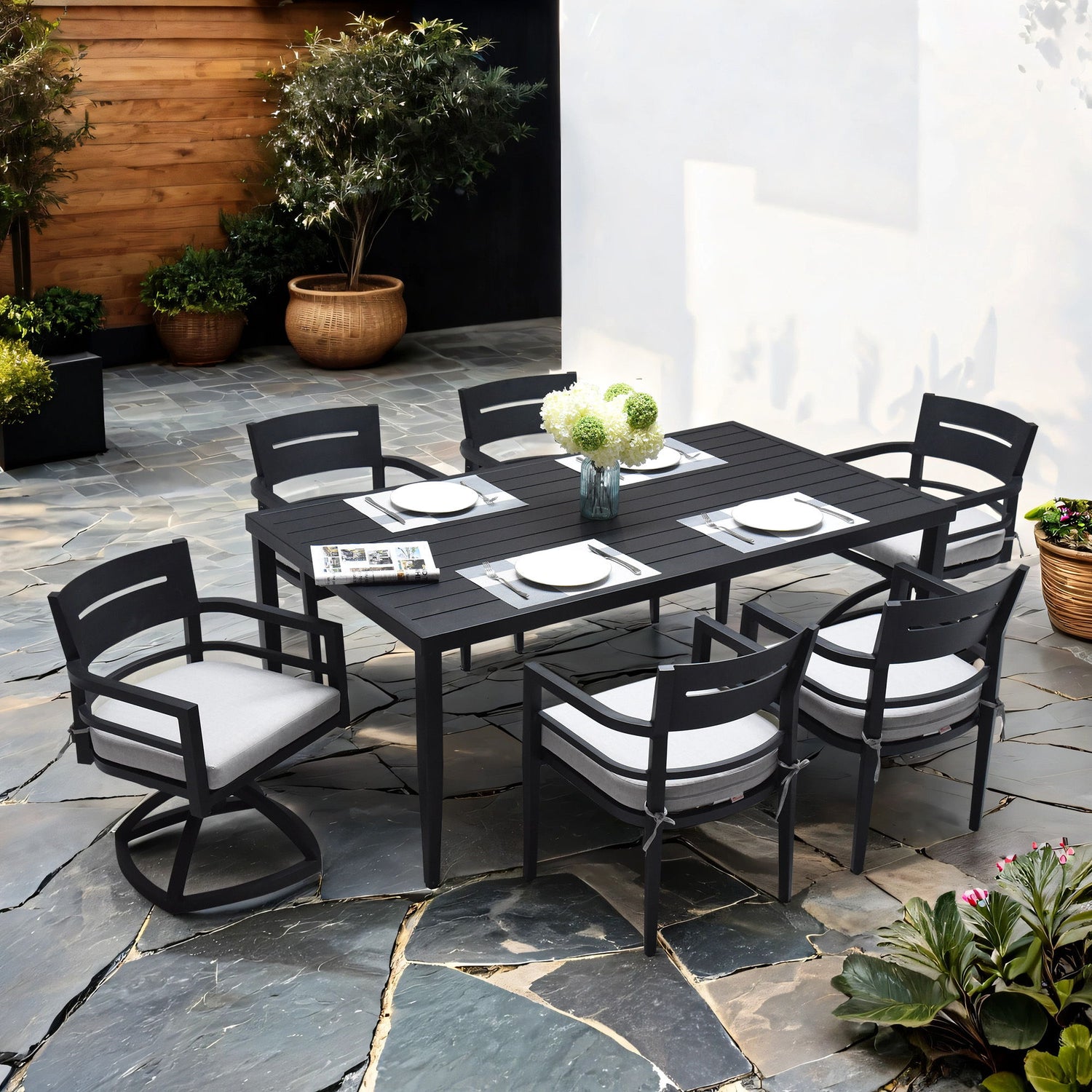 7 Piece Dining Set Modern Outdoor Patio Furniture, Including 4 Dining Chairs &amp; 2 Swivel Rockers Sunbrella Fabric Cushioned And Rectangle Dining Table With Umbrella Hole