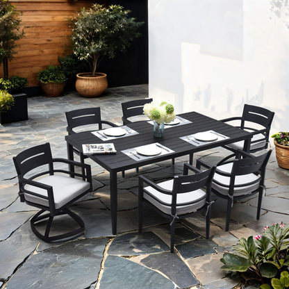 7 Piece Dining Set Modern Outdoor Patio Furniture, Including 4 Dining Chairs &amp; 2 Swivel Rockers Sunbrella Fabric Cushioned And Rectangle Dining Table With Umbrella Hole