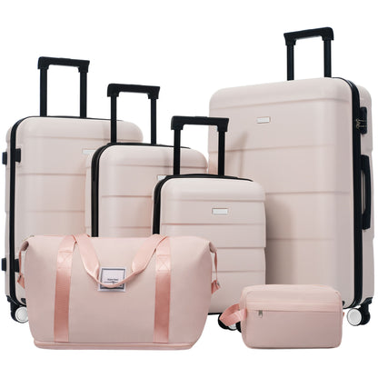 Hardshell Luggage Set 6 Piece With Duffel &amp; Toiletry Bag, Lightweight Spinner Wheels, 16" / 20" / 24" / 28" Suitcases - Light Pink