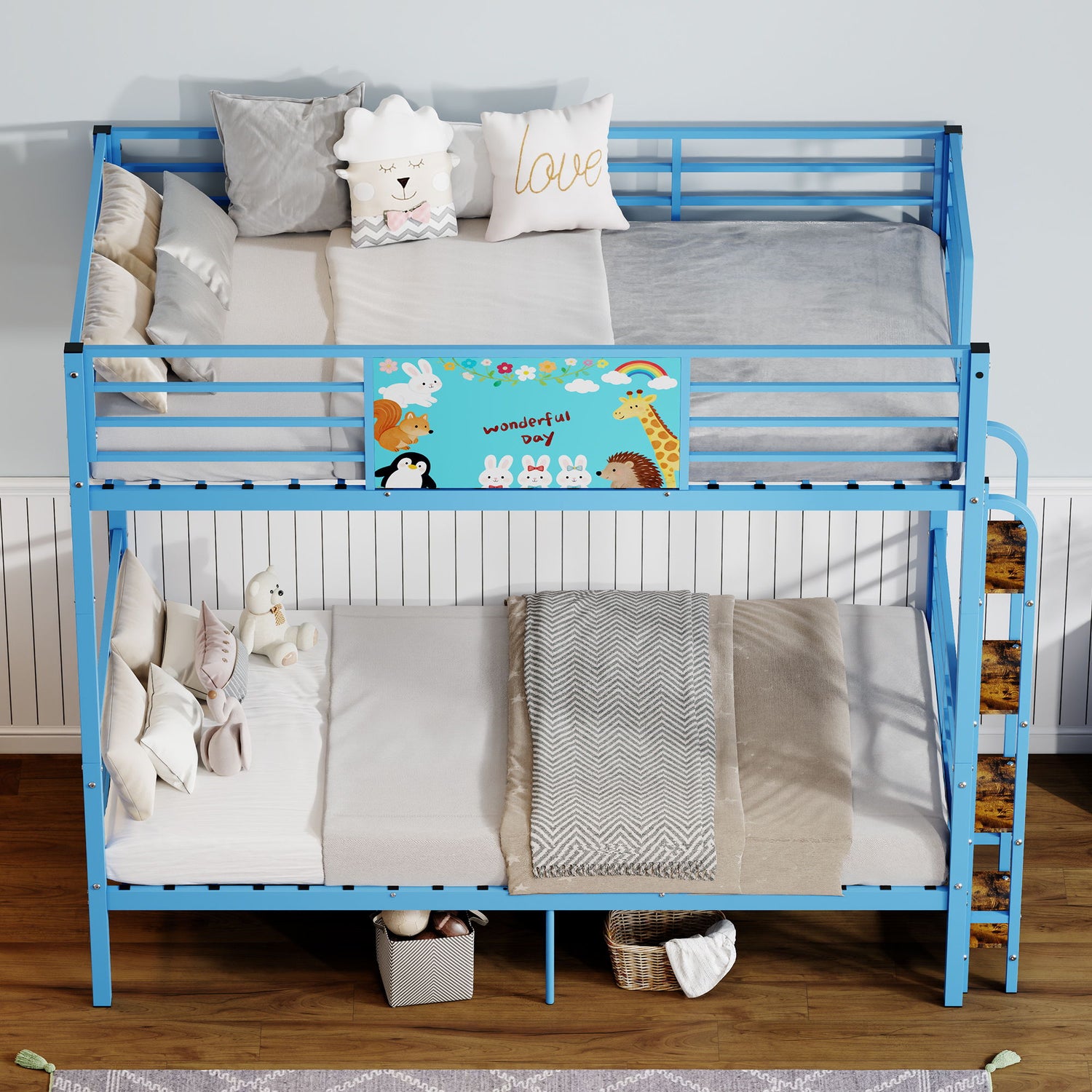 Bunk Bed, Convertible To 2 Separate Twin Size Beds With Full Length Guardrail &amp; Ladder, No Box Spring Needed - Blue