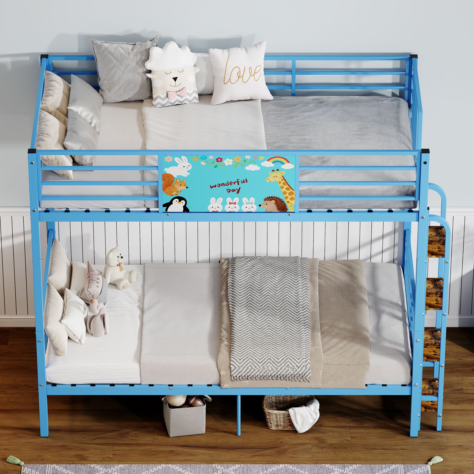 Bunk Bed, Convertible To 2 Separate Twin Size Beds With Full Length Guardrail &amp; Ladder, No Box Spring Needed - Blue