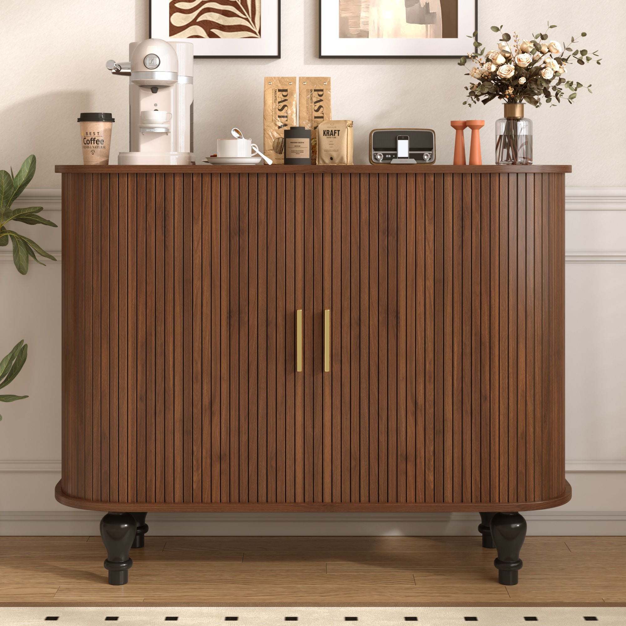 Fluted Liquor &amp; Coffee Bar Cabinet With 6 Wine Racks And 3 Glass Holders