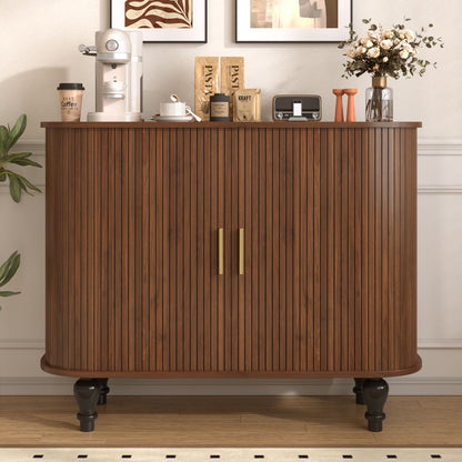 Fluted Liquor &amp; Coffee Bar Cabinet With 6 Wine Racks And 3 Glass Holders