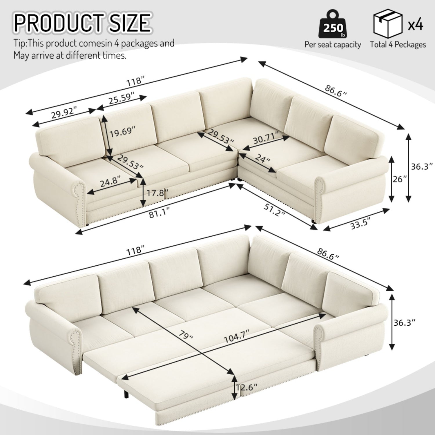 L-Shaped Sofa Couch With Pull Out Bed With Nailhead Trim &amp; Rolled Arm