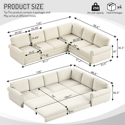 L-Shaped Sofa Couch With Pull Out Bed With Nailhead Trim &amp; Rolled Arm