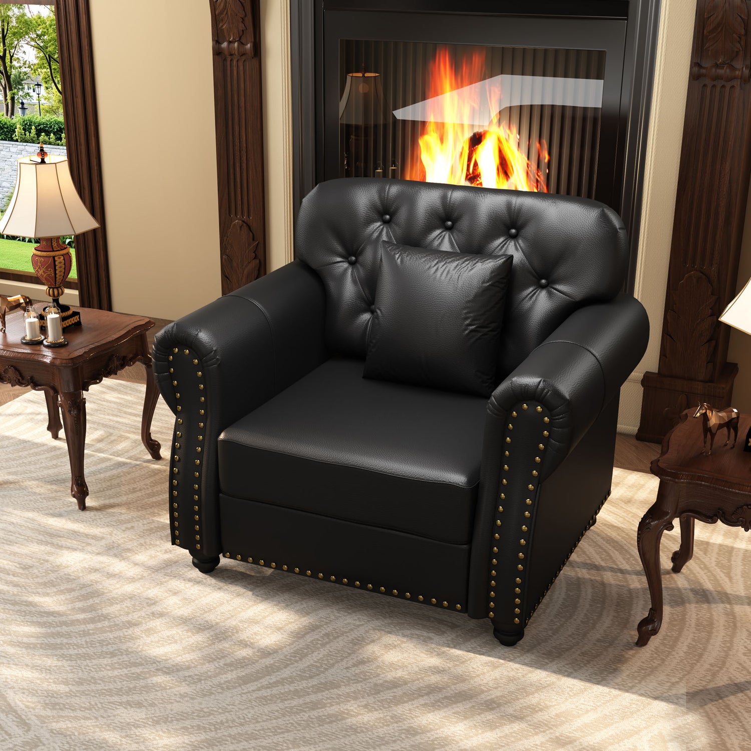 Sofa With Nailhead Trim And Rolled Armrests, Includes 1 Pillow - Black