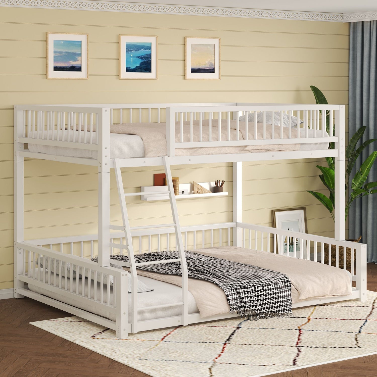 Bunk Bed Frame With Ladder And Safety Guardrails