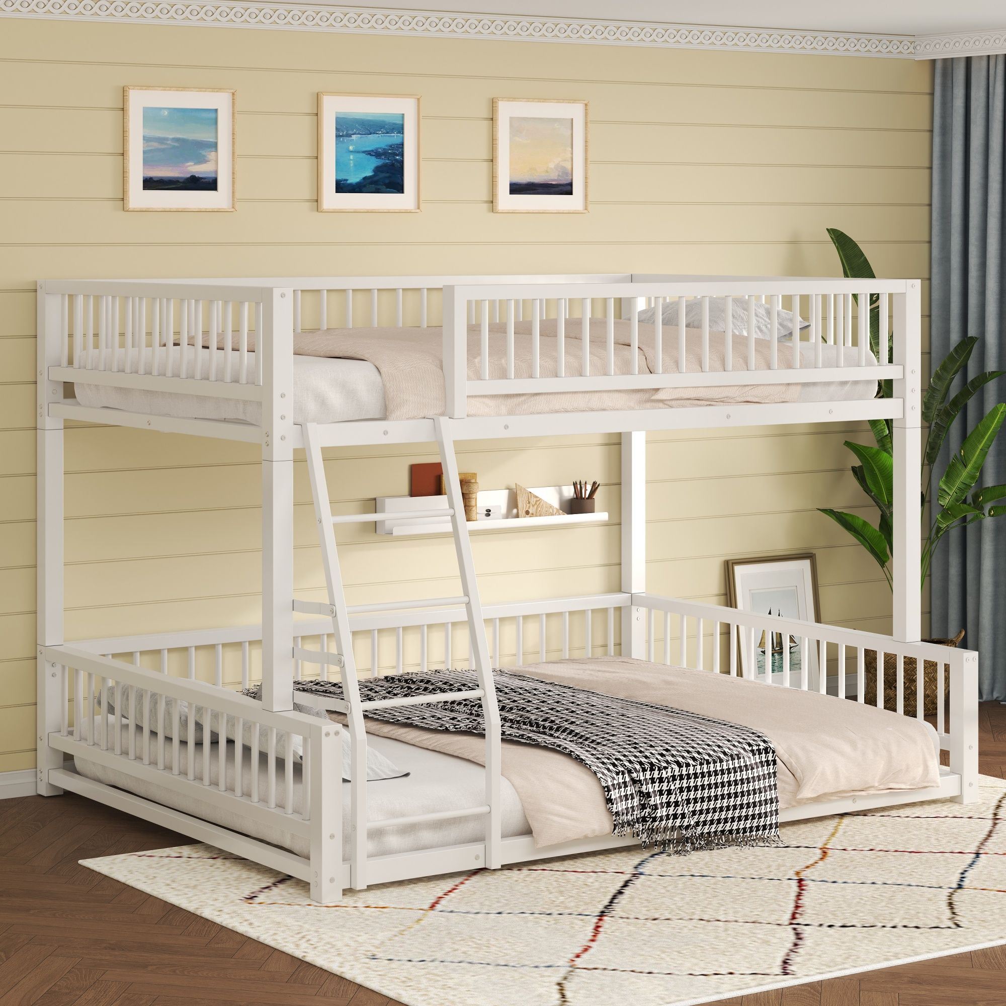Bunk Bed Frame With Ladder And Safety Guardrails