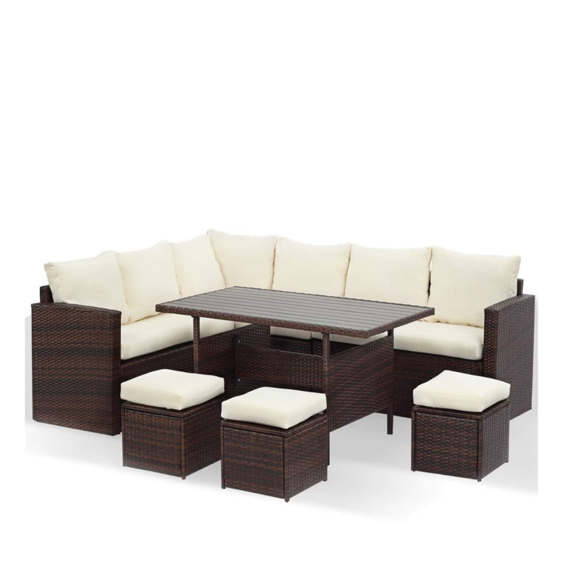 7 Piece Outdoor Dining Set With Cushions, Modular Sectional Sofa And Table